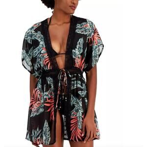 MIKEN Crochet-Trim Kimono Swim Sheer Lightweight Cover-Up Small NWT